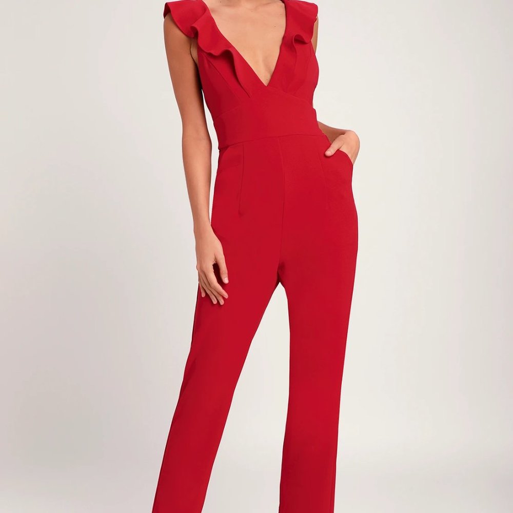 LuLus | Leilani Red Ruffled Jumpsuit